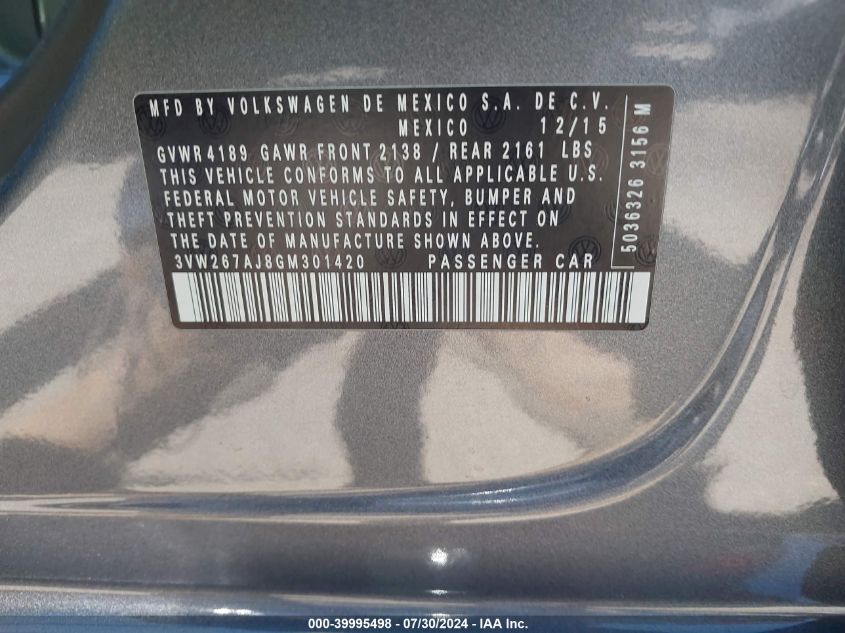 2016 Volkswagen Jetta 1.4T S VIN: 3VW267AJ8GM301420 Lot: 39995498