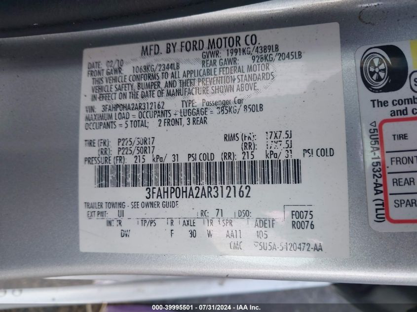 2010 Ford Fusion Se VIN: 3FAHP0HA2AR312162 Lot: 39995501