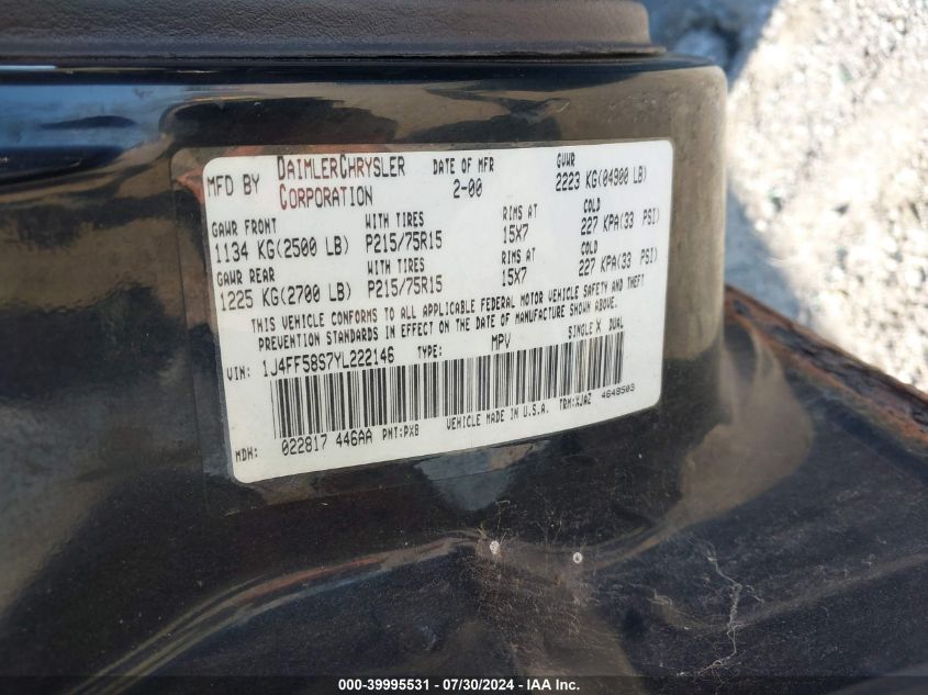 2000 Jeep Cherokee Classic VIN: 1J4FF58S7YL222146 Lot: 39995531