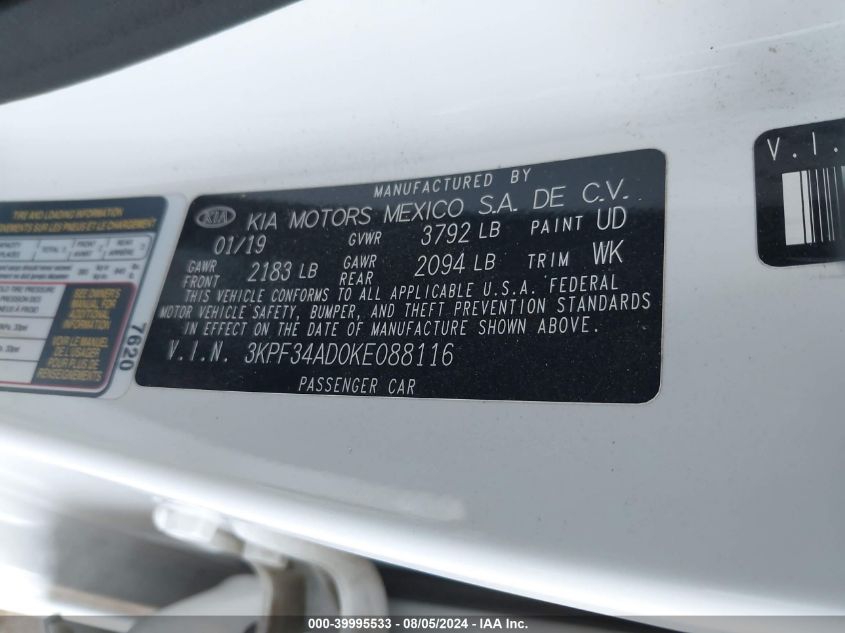 2019 Kia Forte S VIN: 3KPF34AD0KE088116 Lot: 39995533