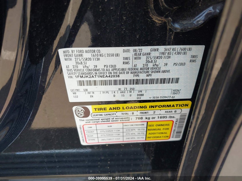 2022 FORD EXPEDITION VIN: 1FMJK2AT1NEA42038