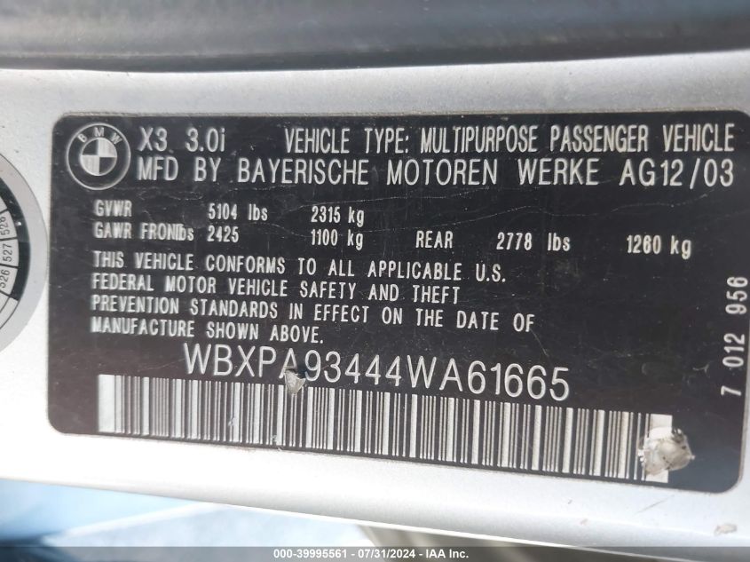2004 BMW X3 3.0I VIN: WBXPA93444WA61665 Lot: 39995561