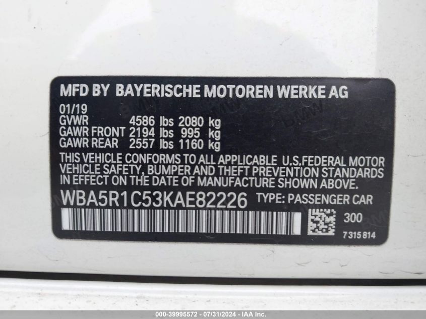 2019 BMW 330I VIN: WBA5R1C53KAE82226 Lot: 39995572