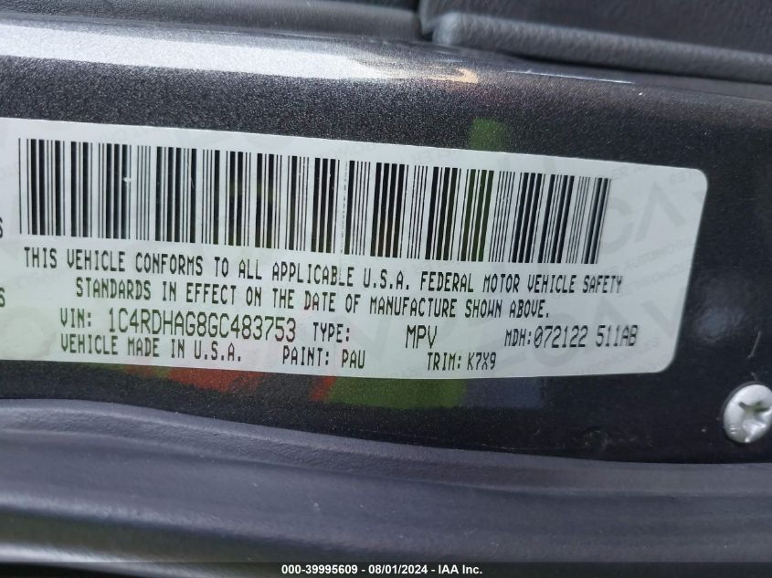 2016 Dodge Durango Sxt VIN: 1C4RDHAG8GC483753 Lot: 39995609