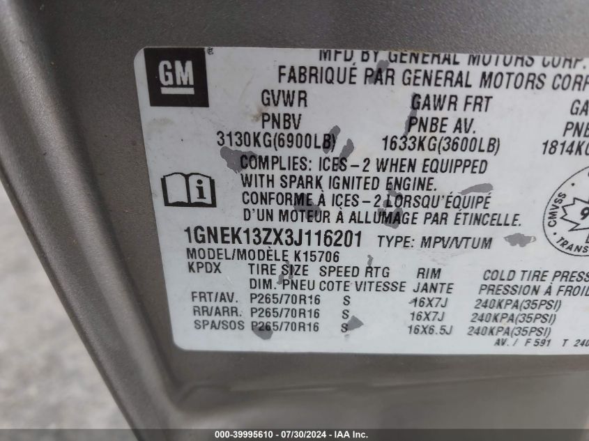 2003 Chevrolet Tahoe Ls/Lt/Z71 VIN: 1GNEK13ZX3J116201 Lot: 39995610