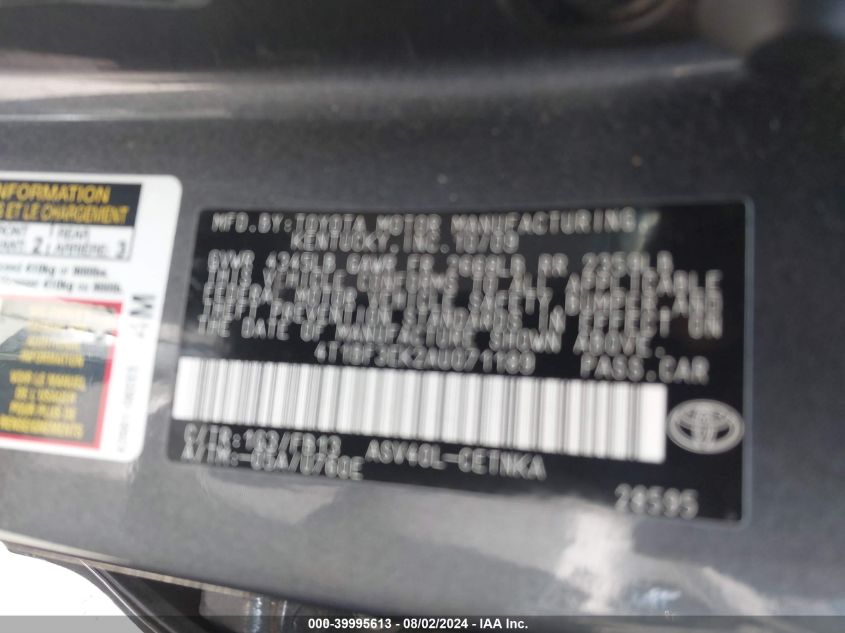 4T1BF3EK2AU071189 | 2010 TOYOTA CAMRY