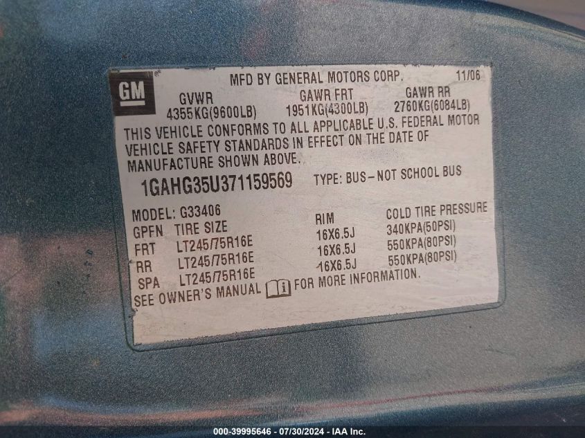 2007 Chevrolet Express Ls VIN: 1GAHG35U371159569 Lot: 39995646