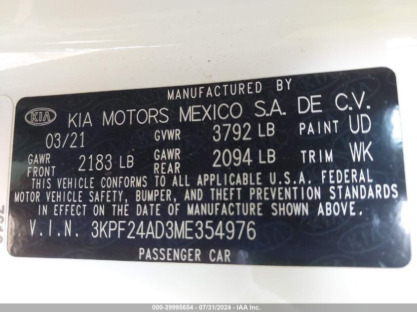 2021 Kia Forte Lxs VIN: 3KPF24AD3ME354976 Lot: 39995654