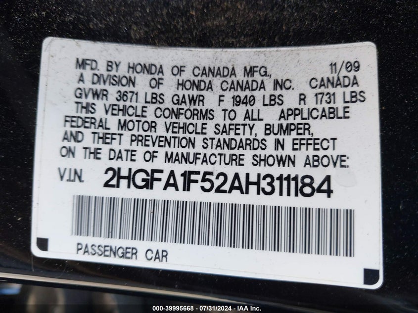 2010 Honda Civic Lx VIN: 2HGFA1F52AH311184 Lot: 39995668