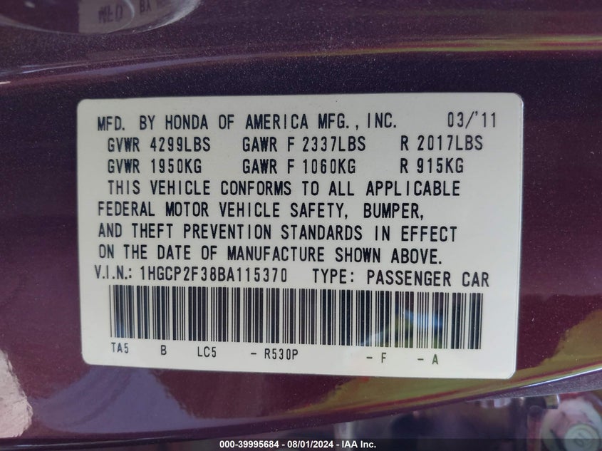 2011 Honda Accord 2.4 Lx VIN: 1HGCP2F38BA115370 Lot: 39995684