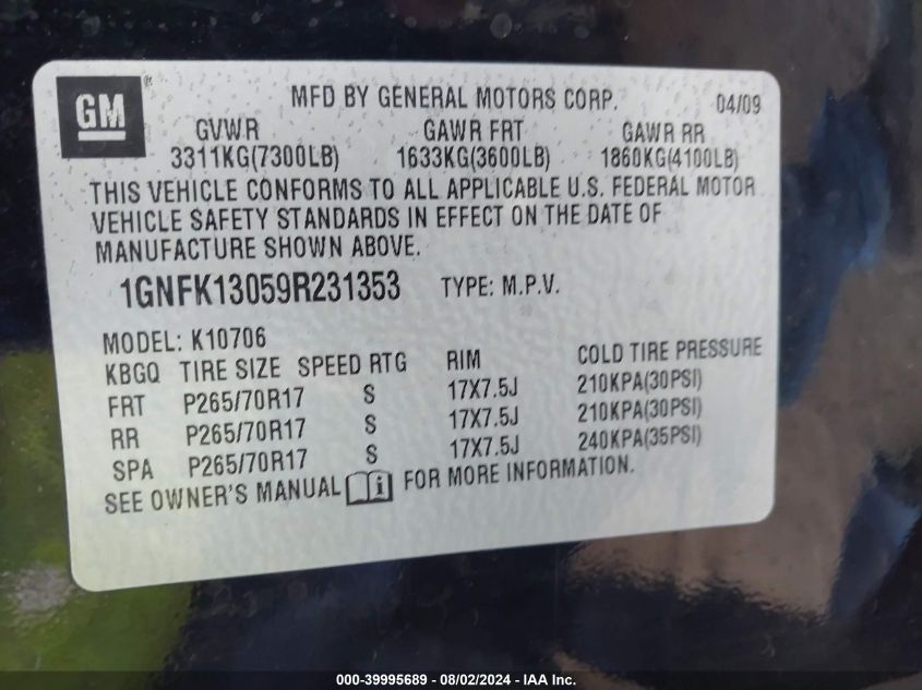 2009 Chevrolet Tahoe K1500 Ls VIN: 1GNFK13059R231353 Lot: 39995689