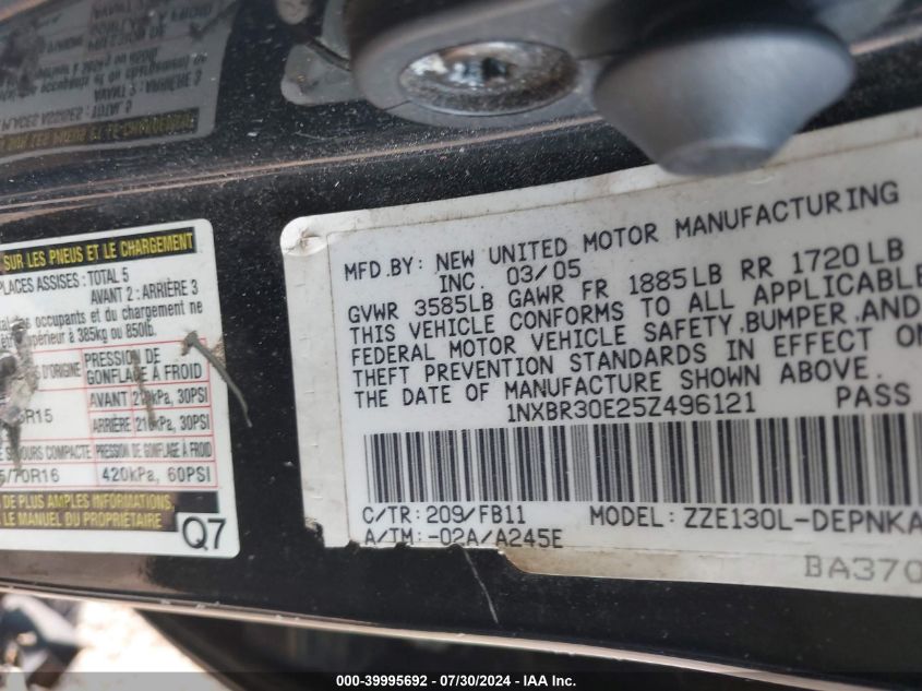 2005 Toyota Corolla Ce/Le/S VIN: 1NXBR30E25Z496121 Lot: 39995692