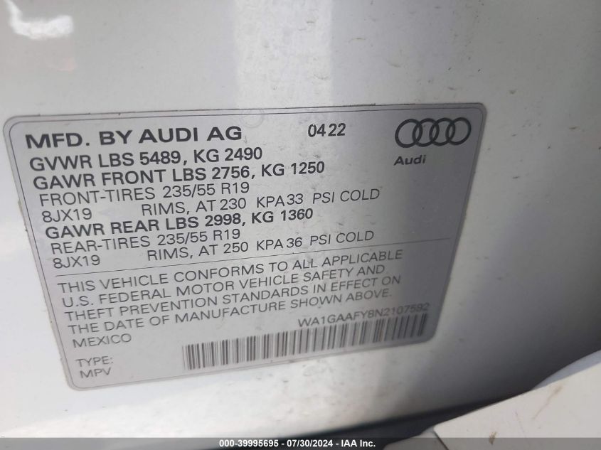 WA1GAAFY8N2107592 2022 Audi Q5 Premium 45 Tfsi S Line Quattro S Tronic