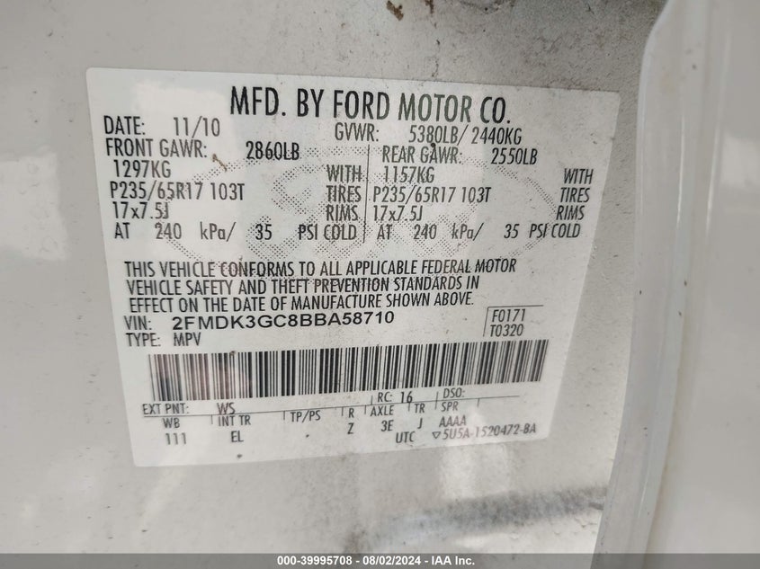 2011 Ford Edge Se VIN: 2FMDK3GC8BBA58710 Lot: 39995708