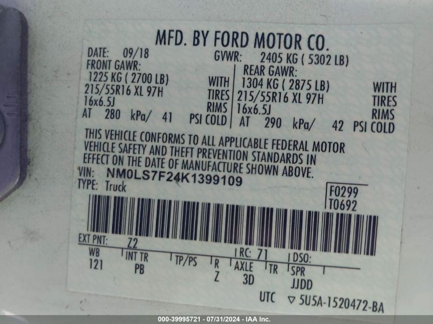 2019 Ford Transit Connect Xlt VIN: NM0LS7F24K1399109 Lot: 39995721