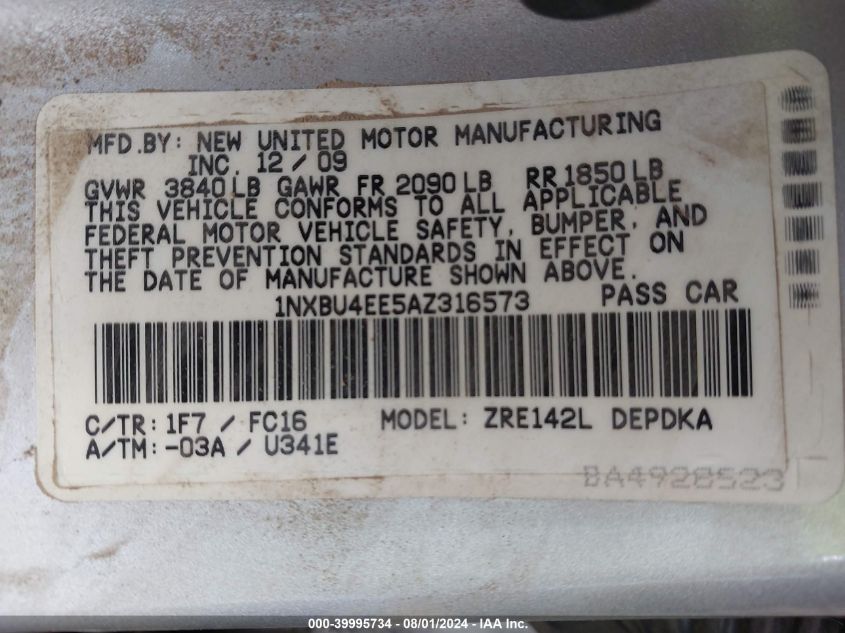 2010 Toyota Corolla Le VIN: 1NXBU4EE5AZ316573 Lot: 39995734