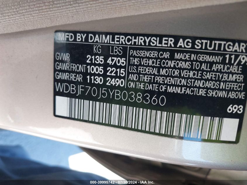 2000 Mercedes-Benz E 430 VIN: WDBJF70J5YB038360 Lot: 39995742