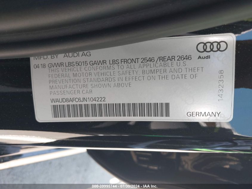 2018 Audi A6 2.0T Premium VIN: WAUD8AFC6JN104222 Lot: 39995744