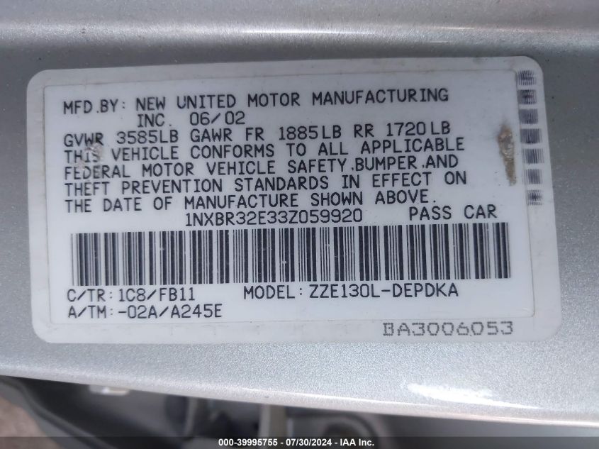 2003 Toyota Corolla Ce VIN: 1NXBR32E33Z059920 Lot: 39995755