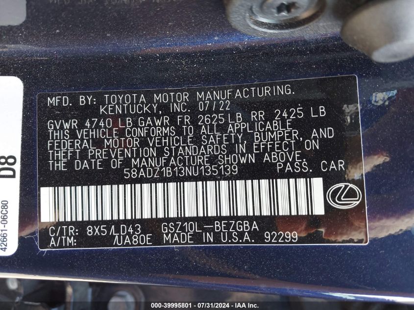 58ADZ1B13NU135139 2022 Lexus Es 350