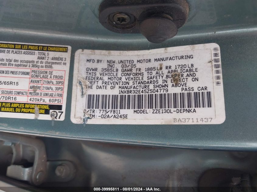 2005 Toyota Corolla Le VIN: 1NXBR32E45Z504779 Lot: 39995811