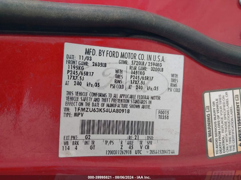 2004 Ford Explorer Xlt VIN: 1FMZU63K54UA80918 Lot: 39995821