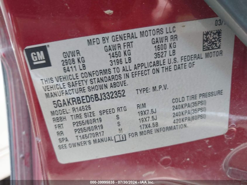 2011 Buick Enclave 1Xl VIN: 5GAKRBED6BJ332352 Lot: 39995835