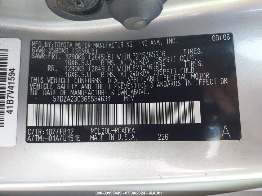 2006 Toyota Sienna Ce VIN: 5TDZA23C36S554631 Lot: 39995849