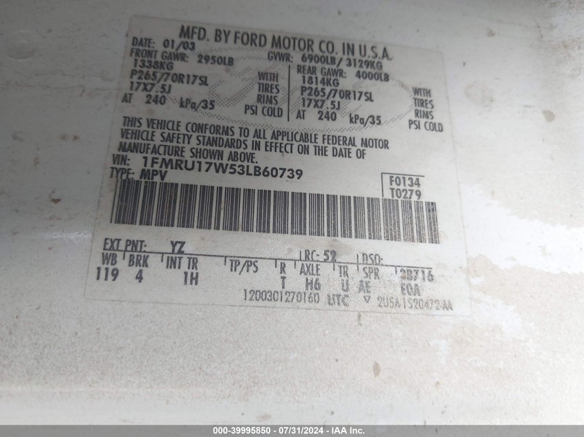 2003 Ford Expedition Eddie Bauer VIN: 1FMRU17W53LB60739 Lot: 39995850