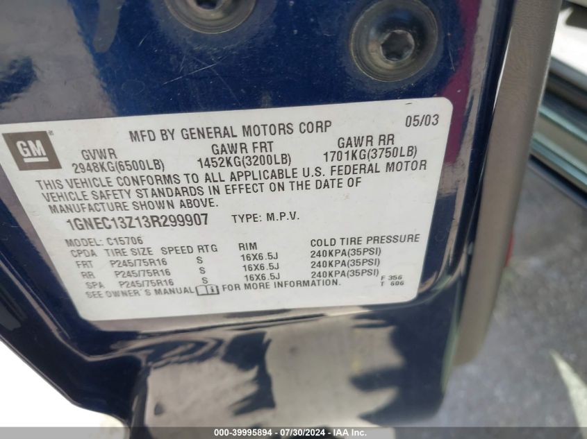 2003 Chevrolet Tahoe Special Services VIN: 1GNEC13Z13R299907 Lot: 39995894