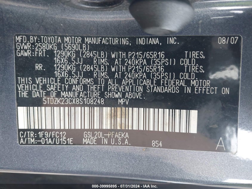 2008 Toyota Sienna Le VIN: 5TDZK23CX8S108248 Lot: 39995895