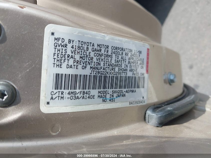 1999 Toyota Camry Le VIN: JT2BG22KXX0299773 Lot: 39995896