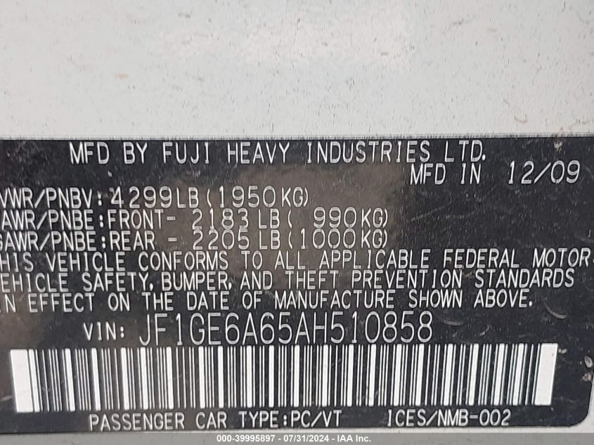 2010 Subaru Impreza 2.5I VIN: JF1GE6A65AH510858 Lot: 39995897