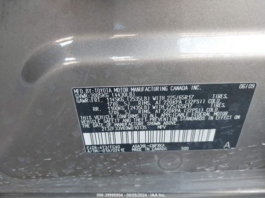 2009 Toyota Rav4 VIN: 2T3ZF33V69W010135 Lot: 39995904