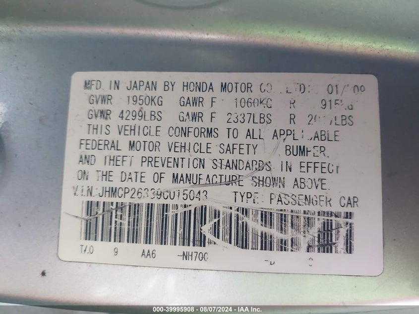 2009 Honda Accord 2.4 Lx VIN: JHMCP26339C015043 Lot: 39995908