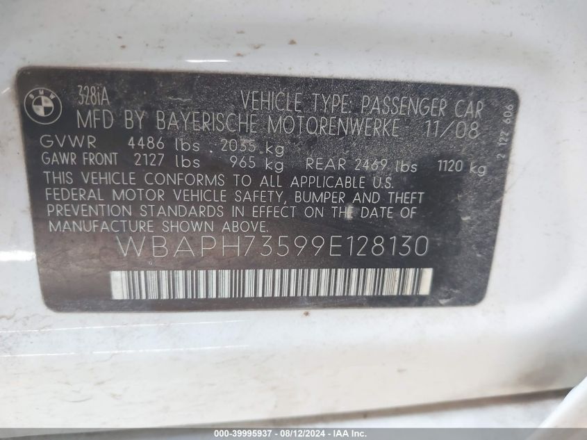 2009 BMW 328I VIN: WBAPH73599E128130 Lot: 39995937