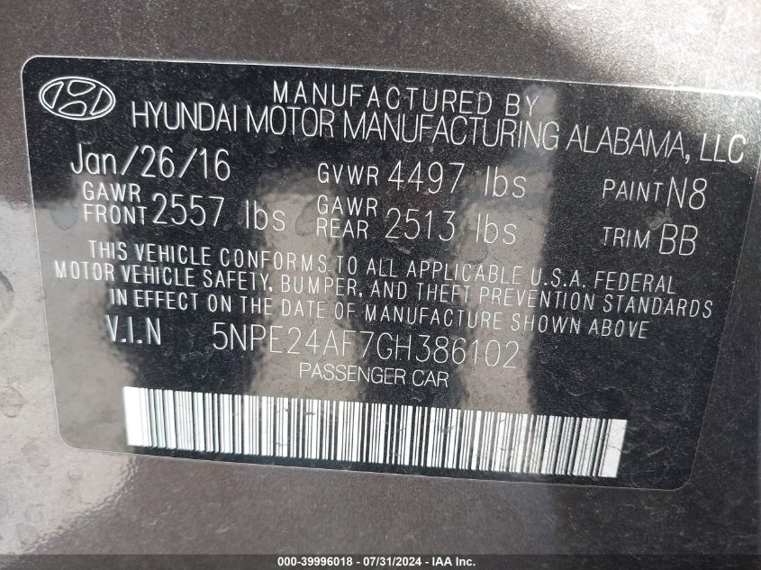 2016 Hyundai Sonata Se VIN: 5NPE24AF7GH386102 Lot: 39996018
