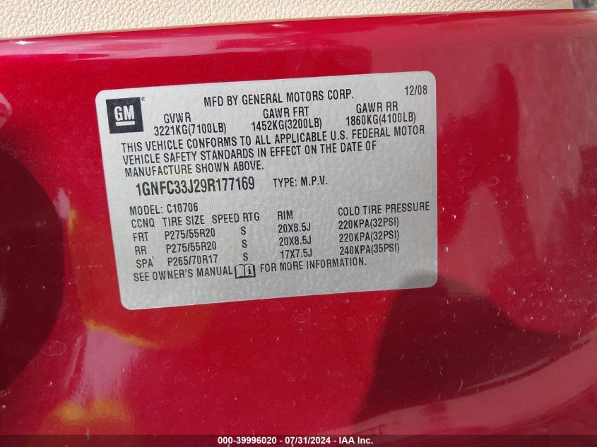 2009 Chevrolet Tahoe Ltz VIN: 1GNFC33J29R177169 Lot: 39996020