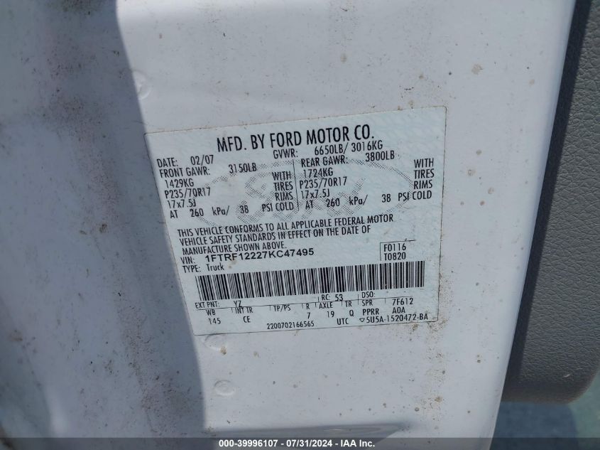 2007 Ford F-150 Stx/Xl/Xlt VIN: 1FTRF12227KC47495 Lot: 39996107
