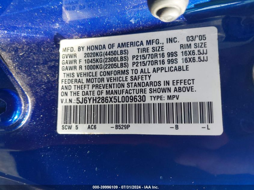 2005 Honda Element Ex VIN: 5J6YH286X5L009630 Lot: 39996109