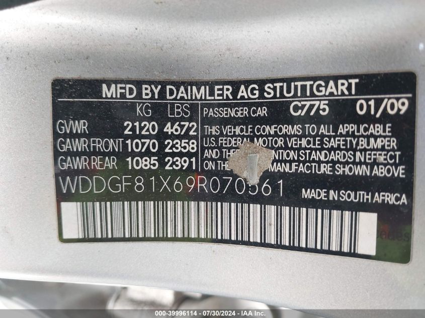 2009 Mercedes-Benz C 300 Luxury 4Matic/Sport 4Matic VIN: WDDGF81X69R070561 Lot: 39996114