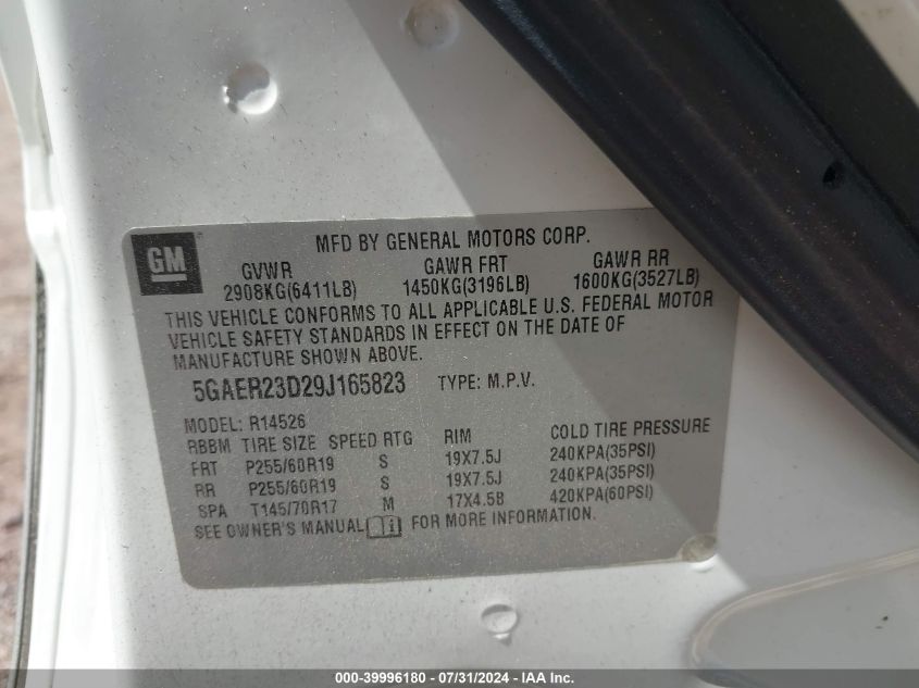 2009 Buick Enclave Cxl VIN: 5GAER23D29J165823 Lot: 39996180