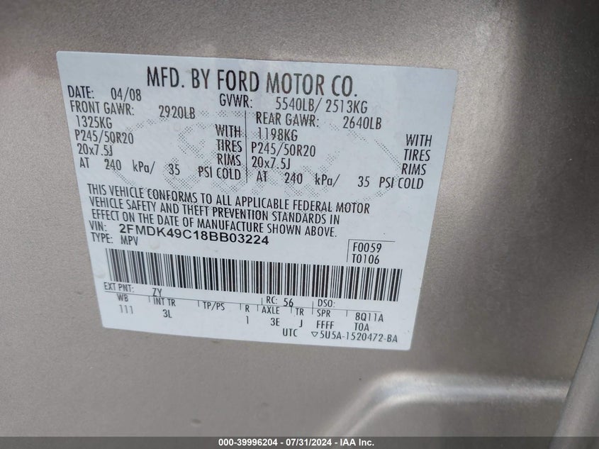 2008 Ford Edge Limited VIN: 2FMDK49C18BB03224 Lot: 39996204