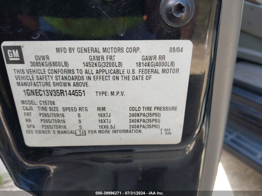 2005 Chevrolet Tahoe Ls VIN: 1GNEC13V35R144551 Lot: 39996271