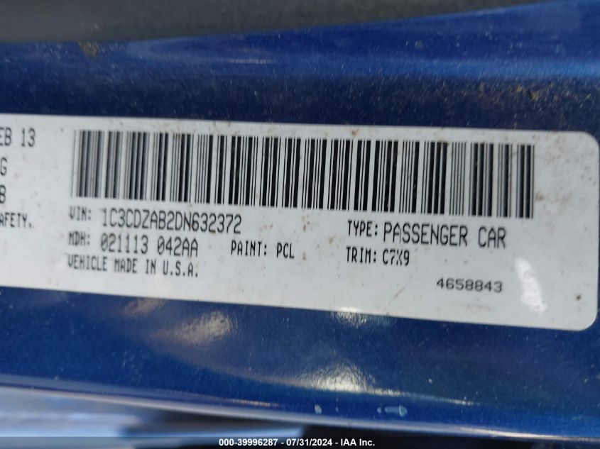2013 Dodge Avenger Se VIN: 1C3CDZAB2DN632372 Lot: 39996287