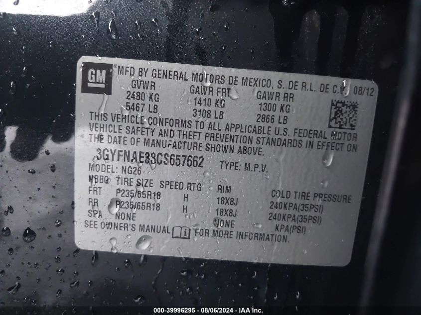 2012 Cadillac Srx Luxury Collection VIN: 3GYFNAE33CS657662 Lot: 39996295