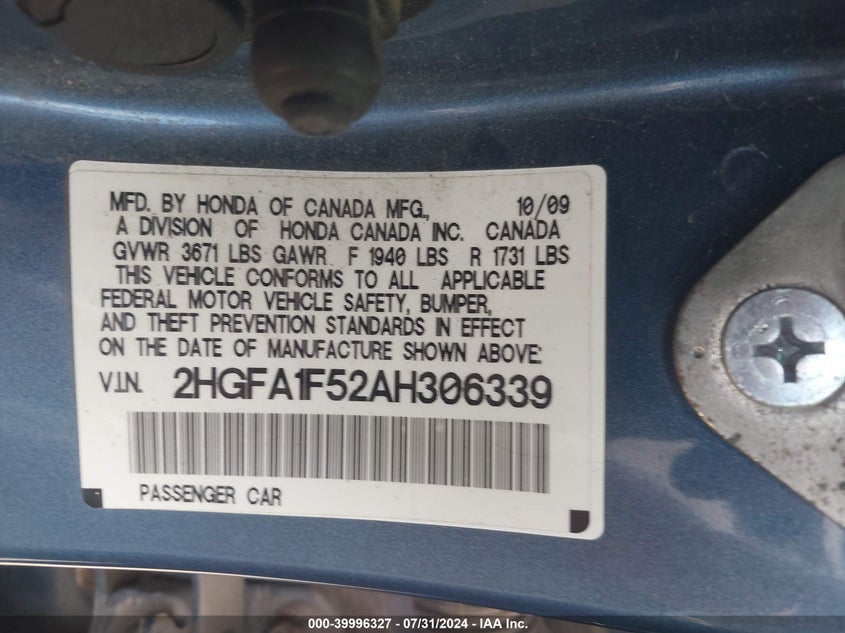 2010 Honda Civic Lx VIN: 2HGFA1F52AH306339 Lot: 39996327