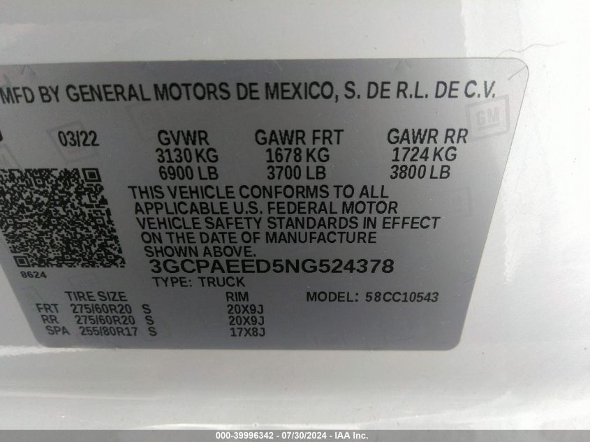 3GCPAEED5NG524378 | 2022 CHEVROLET SILVERADO 1500