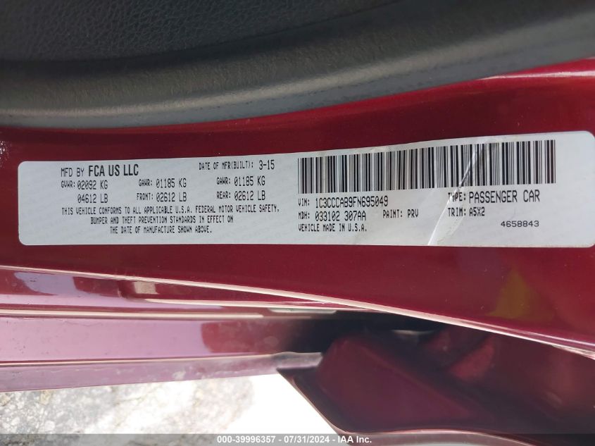 2015 Chrysler 200 Limited VIN: 1C3CCCAB9FN695049 Lot: 39996357