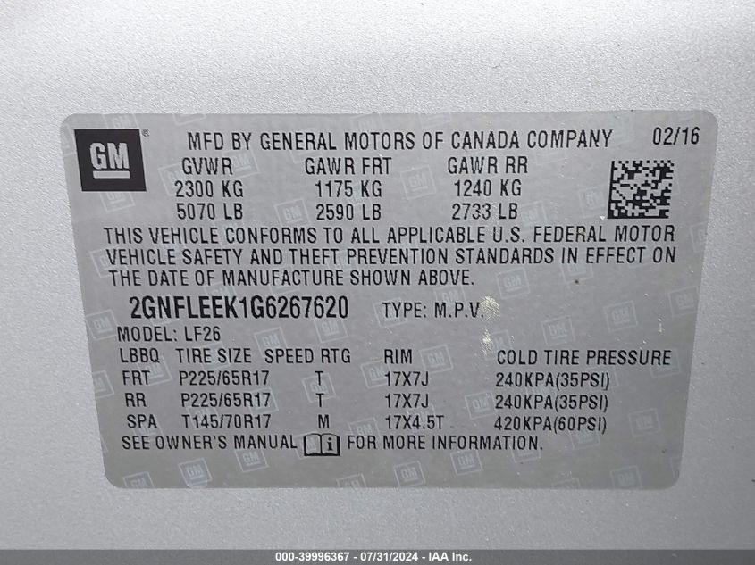 2016 Chevrolet Equinox Ls VIN: 2GNFLEEK1G6267620 Lot: 39996367